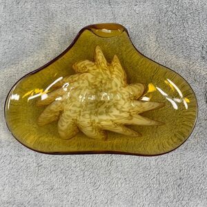 Murano Art Glass Bowl Gold Flecks Amber 3 Point Folded Rim 9" x 7"